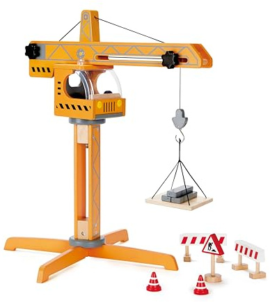Hape Großer Baukran – Holz Baukran Spielset mit Zubehör & Absperrungen, Kranfahrzeug für Rollenspiel und Baustelle, für Kinder ab 3 Jahren