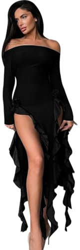 Gkaopi Kleid für Damen Sexy Langarm Midikleid Schulterfreies Bodycon Kleider Schmal Geschnittenes Schlitz Kleid mit Rüschen Ballkleider Partykleid Cocktailkleid