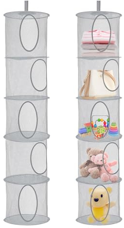 Zyluniy 2 Stück Hängender Speicherkorb, 5 Tier Faltbare Aufbewahrungsnetze, Kuscheltiere Hängeregal, Hängende Mesh Aufbewahrungsnetze, Hängeaufbewahrung Netz für Spielzeug, Kleine Kleidung (Grau)