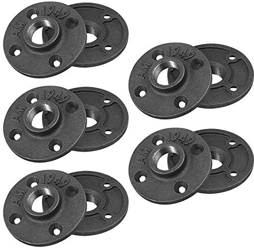 10 x 3/4"BSP Temperguss Verstärkter Flansch mit Gusseisen Verstärkung für Rohrwandregal mit 4 Löchern Flansche Rohrverschraubungen Regalhalterung Bodengewindebohrer Innendurchmesser 23mm - Schwarz