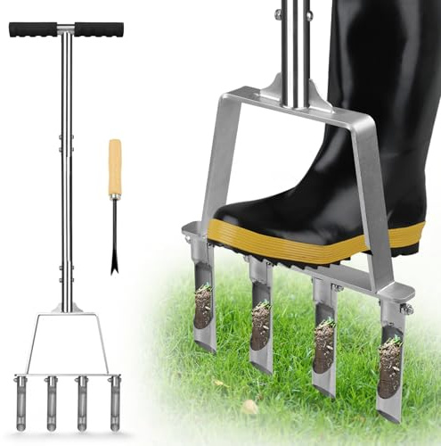 Qdreclod Rasenlüfter aus Edelstahl, 4 Zinken Hohlzinken, Manueller Rasenbelüfter & Aerifizierer für Verdichteten Boden, Lehmboden & Sandboden, Verstopfungsfrei für Hobbygärtner & Rasenpflege