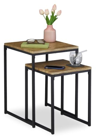 Relaxdays Beistelltisch 2er Set, quadratisch, Metall, Holzoptik/schwarz | Satztisch 2 Größen