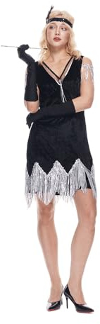 EraSpooky Aufwändiges Flapper Kostüm für Damen im Stil der 1920er Jahre Vintage Kleid mit Fransen für Erwachsene Federstirnband und Handschuhen