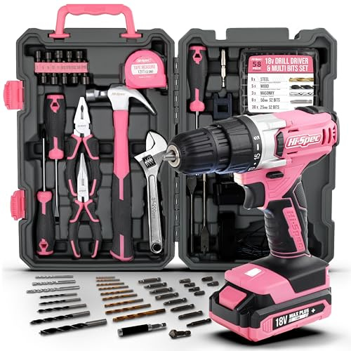 Hi-Spec Akkuschrauber Werkzeugkoffer, Werkzeugset mit Handwerkzeugen. Werkzeugkiste bestückt mit 18V Akkubohrer. Pinkes Werkzeug für Frauen für Bohrarbeiten, Heimreperaturen und kreatives werkeln.