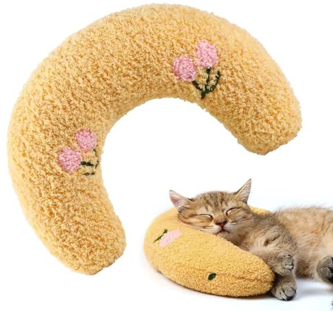 Taozoey Katzenminze Kissen, katzenkissen, Baldrian Kissen für Katzen, Weiches Flauschiges Haustier Beruhigendes Spielzeug, U-Förmiges Haustierkissen Zum Schlafen, Spielen Gelb