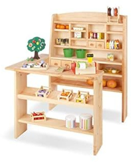 PINOLINO Kaufladen Emma, Spielküche aus Holz, ohne Kinderküchenzubehör, standfeste Kinderküche, Kinder Kaufmannsladen, Spielzeug ab 3 Jahre, Maße B 92 x T 94 x H 110 cm, unbehandelt
