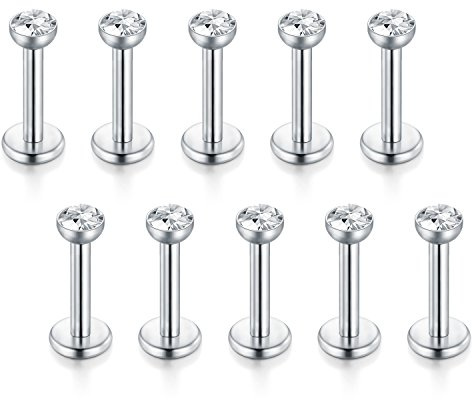 Funseedrr 10er 1.2mm Edelstahl Lippenpiercing Labret Stecker Set 6mm 8mm Silber Tragus Helix Piercing Schmuck Conch Piercing for Women