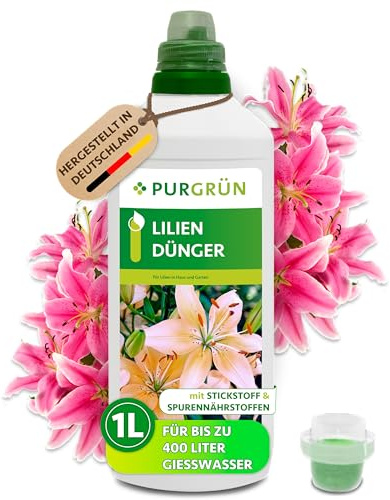 Purgrün® Lilien-Dünger 1 Liter – Mineralische Rezeptur – Premium-Flüssigdünger mit Spurennährstoffen – NPK 6+6+8 – Mit Spurennährstoffen – Für prächtige Blüten – Konzentrat für 400 Liter Wasser