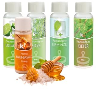 KK Hygiene Saunaaufguss Set Skandinavien 4x100ml + Honig Saunasalz Peeling 200g – Eislimone, Birke, Eisminze & Kiefer – Hochkonzentriert – Sauna Geschenkset – Made in Germany