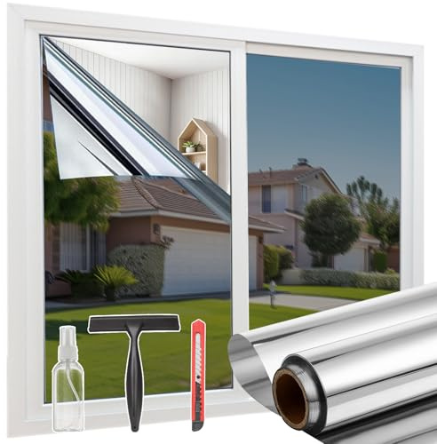 aboveBED Spiegelfolie Fenster Sichtschutz 60X200, Selbstklebende Fensterfolie Sonnenschutz für Innen & Außen, UV-Schutz & Hitzeschutz, Silber, ideal für Schlafzimmer & Büro