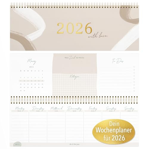 kind of hazel® Tischkalender 2026 Beige – Wochenplaner Querformat | Schreibtischkalender mit To-do-Listen, Notizen, Geburtstagskalender, Affirmationen, Spiralbindung, Goldfolienprägung