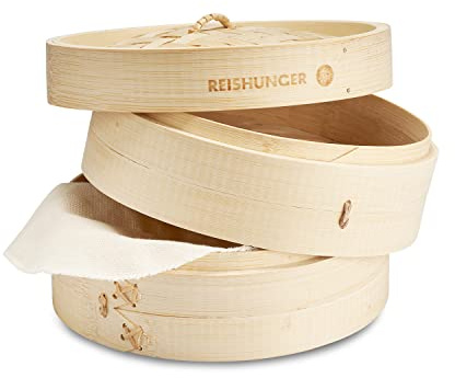 REISHUNGER traditioneller Bambusdämpfer & Dampfgarer für 2 Personen | Ø 20 cm, 2 Etagen | Für Reis, Dim Sum, Gemüse, Fisch oder Fleisch | Dumpling Maker inkl. 2 Baumwolltüchern