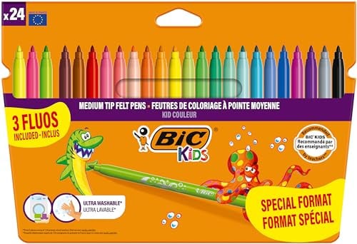 BIC Kids Filzstifte Set Kid Couleur, Fasermaler zum Malen in 24 auswaschbaren Farben, inkl. Neonfarben, im Karton Etui, ab 5 Jahre