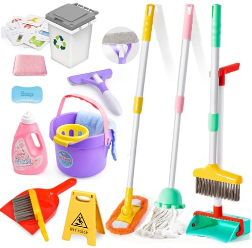 15 PCS Putzset für Kinder,Kleinkind Reinigung Spielzeug Set mit verstellbare Mop Besen & Staubkanne Set,Schaufel, Kinder-Reinigungsset für Kleinkinder,Kinderbesen Set Spielzeug für ab 3 Jahren