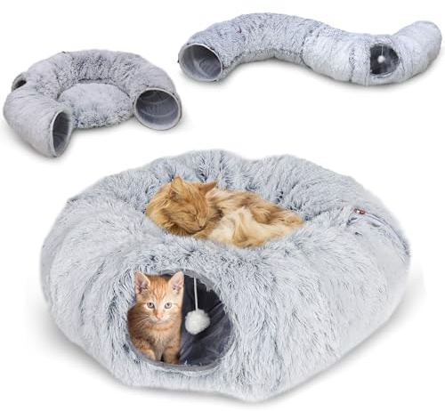 CALIYO Katzentunnel, Katzentunnel große Katzen mit Schlafplatz, Donut Katzenbett aus Plüsch, Katzen Tunnel mit Fellknäuel, Interaktives Katzenspielzeug für Indoor, Grau (85×26CM)