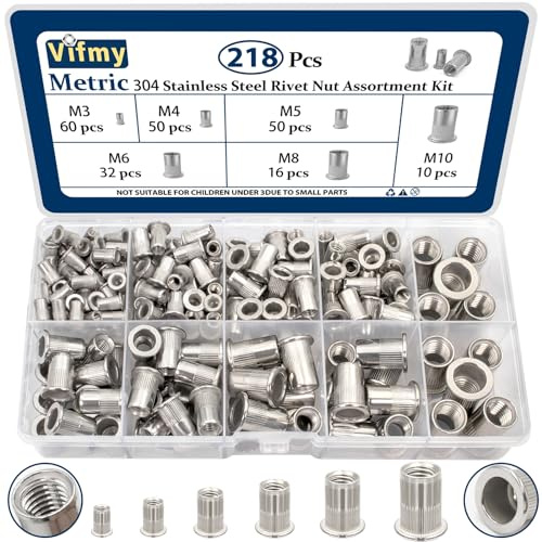 Vifmy Metrisches Nietmuttern-Sortiment aus Edelstahl 304 (218-teilig), M3 M4 M5 M6 M8 M10 Flachkopfmutternsatz, Nietmuttern-Gewindeeinsatzmuttern