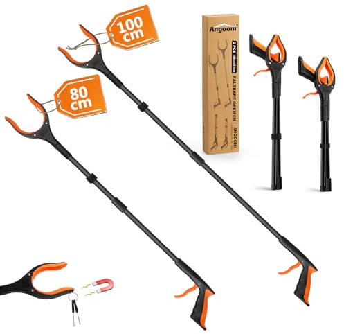 Angooni 2er-Set Müllzange Greifzange 100cm+80cm – Faltbar Drehbar | Müllgreifer mit Magnetspitze – Starker Griff – Greifhilfe Senioren & Kinder – Leicht Rutschfest