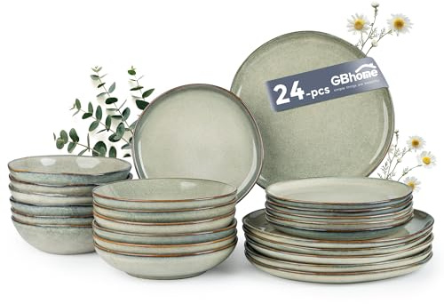 GBhome Steingut Geschirrset 6 Personen, 24-tlg Reaktive Glasur Handarbeit Geschirr Set, Mikrowellen- & Spülmaschinenfest Schüssel- und Teller Set, Desret Salbei, GDW007GY-24P-EU