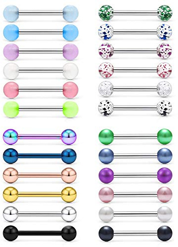 vcmart 24stk Zungenpiercing Set 14G Chirurgenstahl Piercing Zunge Tongue 12/14/16/18mm Stab Verschiedene Kugeln
