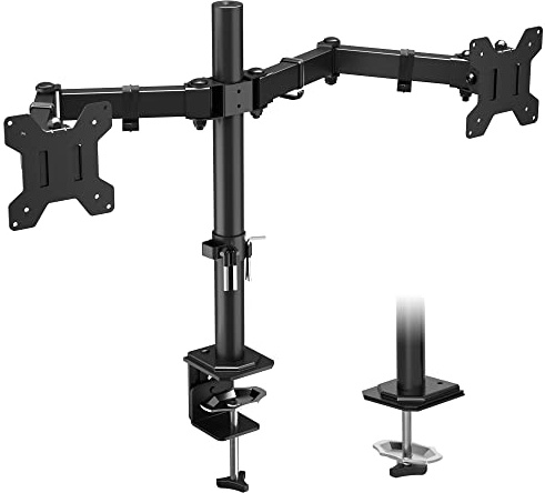 BONTEC Monitor Halterung 2 Monitore 13-27 Zoll, 8 kg/Arm, VESA 75/100 | Höhenverstellbar, ±90° Neigbar, 180° Schwenkbar, 360° drehbar, C-Klemme, Tüllenmontage, Kabelmanagement, Platten Abnehmbar