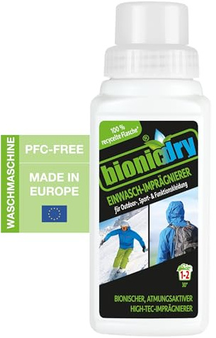 bionicdry Einwasch-Imprägnierer 250 ml, für für Outdoorkleidung, Sportkleidung und Funktionskleidung, Nässeschutz auch für Schuhe, Rucksäcke, Zelte und Sonnensegel