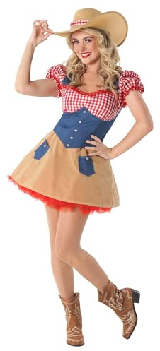 Fun Shack Cowgirl Kostüm Damen, Wild-West Halloween Kostüm Damen | Kleid & Cowboyhut, Karomuster in Jeansoptik, Zum Überziehen, Perfekt für Halloween, Ideal zum Verkleiden