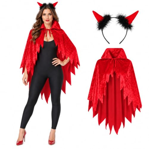 Teufel Kostüm Damen – roter Umhang mit Hörner-Haarreif, 2-tlg. | Halloween, Devil Cape, teuflisches Rot in Samtoptik mit Fetzen