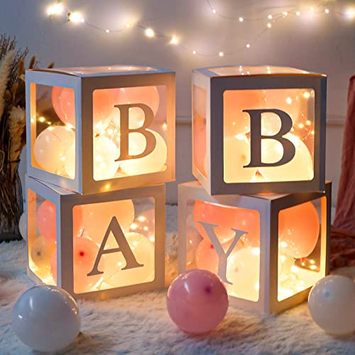 Babyparty Deko Box Mädchen, 30 Rosa Weiße Luftballons, 4 Transparente Ballonboxen mit 4 Lichterketten und 33 Buchstaben (BABY+ONE+A-Z), Baby Shower Deko Boxen für Babyparty, Geburtstags, Gender Reveal