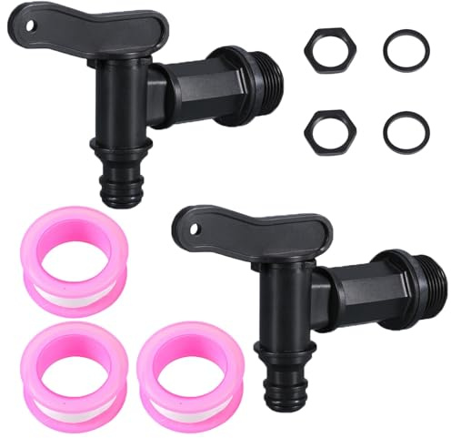 2 Stück Auslaufhahn für Regentonne, Wasserhahn 3/4 Zoll Kunststoff Ersatzhahn mit Dichtung Kontermutter Dichtband, Regenfass Auslaufhahn aus Kunststoff für Garten, Industrie und Haushalt (schwarz)