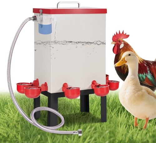 MUALROUS 12L Automatische Hühnertränke, Geflügelwasserspender aus Edelstahl mit Schwimmerventil, Schlauch, Wasserbecher und Ständer, Hühnerwasserfütterung für Küken, Enten, Gänse, Truthahn
