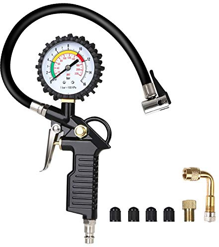 URAQT Luftdruckprüfer, Reifenfüller Reifendruckprüfer, 220 PSI-Reifenfüll-Messgerät Reifendruckmesser Multifunktion mit Ventil Kern Werkzeug, Kompressor Zubehör, Schwarz (#1-Schwarz)