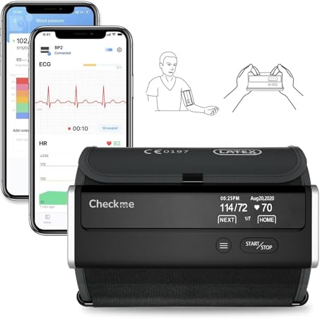 CheckMe BP2 Connect Blutdruckmessgerät Oberarm mit 3 Aufeinanderfolgenden Messungen, EKG und AI-Analysebericht, Bluetooth & WiFi Verbindung, Pulsmesser, APP Unbegrenzte Datenverwaltung