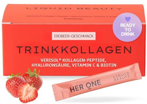 HER ONE LIQUID KOLLAGEN | Flüssiges Kollagen mit Erdbeergeschmack | Collagen Drink mit Biotin, Hyaluronsäure & Vitamin C | Drink To Go | Beauty Collagen | Kollagen Trinkampullen | 15 Sticks