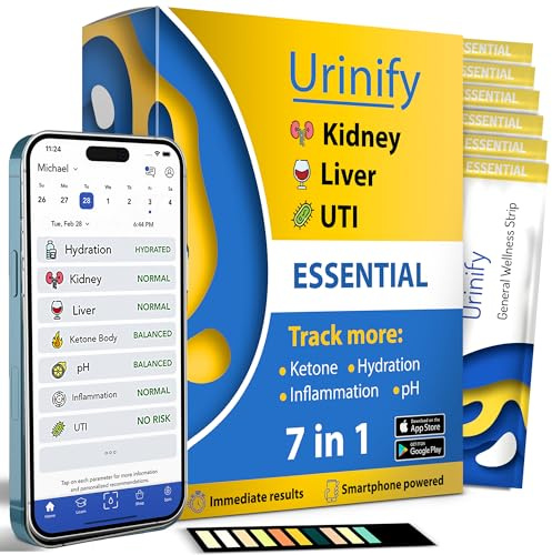 [URINIFY ESSENTIAL] Mobile App Urinteststreifen und UTI-Test für Zuhause, Nierentest, Hydration, Keto-, pH- und Leberteststreifen, Urinanalyse, Protein, 6 Streifen
