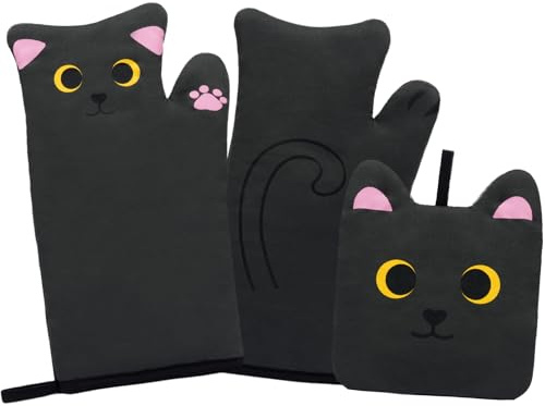 Yamepuia Ofenhandschuhe - Schwarze Katze Topflappen Handschuh,Niedlich KüChenhandschuhe Mit Topflappen ,Weich Lustig Katze Kochhandschuhe für Backen Mikrowelle,30 X20 cm,Schwarze