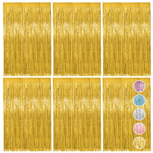 Vaktop 6 Stück Lametta Vorhang Gold, Glitzervorhang Lametta, Glitzer Party Vorhang, Folien Fransen Hintergrund fur Party Deko Geburtstagsdeko Hochzeit Festivals Bühnendekor (1m x 2m)