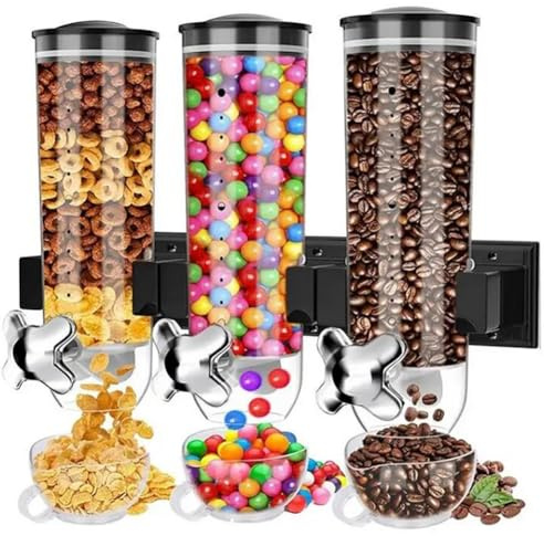 BAKAJI Dreifacher Müsli-Spender zur Wandmontage, Wandmontage, Spender für trockene Lebensmittel, Süßigkeiten, Cornflakes, Nüsse, abnehmbarer Deckel mit luftdichtem Verschluss (schwarz)