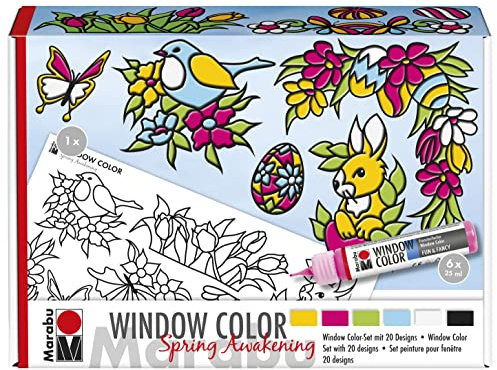 Marabu Window Color fun & fancy Spring Awakening Fensterfarbe auf Wasserbasis, 6 Stifte mit je 25 ml Farbe, 1 Malfolie A4 und 1 Malvorlage A3, 0406000013909