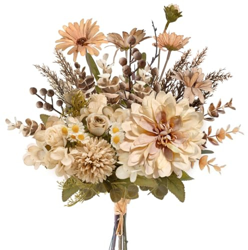 Peauley 42cm künstliche Blumen Seidentischdekoration Faux Plastik Florale Tischdekoration für Zuhause mit Rosen, Löwenzahn, Gänseblümchen, Hortensien, Eukalyptus, Chrysanthemen und Stechpalmenbeeren