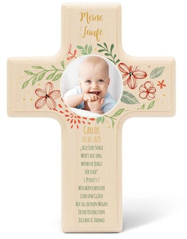 GRAVURZEILE Personalisiertes Kinderkreuz zur Taufe Kommunion und Konfirmation - Blumenkranz - Holzkreuz für Kinder personalisiert mit Foto und Text - Personalisierte Geschenke für Jungen und Mädchen