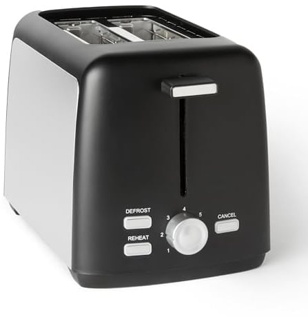 Amazon Basics 2-Scheiben Toaster mit 7 Bräunungsstufen und Herausnehmbarer Krümelschublade, Extra Breite Schlitze, 800W, Schwarz