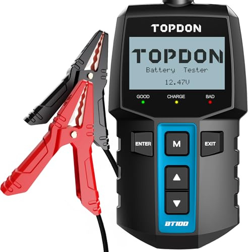 TOPDON Autobatterie Tester BT100-A, BatterieTester KFZ 12V mit 100-2000 CCA Batterietest Kurbeltest Ladesystem Test für Auto ATV SUV PKW-LKW Boot, Schwarz