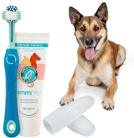 emmi-pet Zahnpflegeset für Hunde - 1x3köpfige Hundezahnbürste mit 1x Hundezahnpasta und 2x Fingerzahnbürste (Blau, Erwachsene - Senioren)