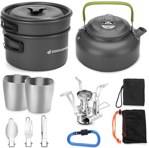 Odoland Geschirr-Set für 1-2 Personen, Kochset mit tragbarem Aluminiumtopf Teekessel Tassen faltbares Besteck, für Camping Outdoor Picknick Wandern