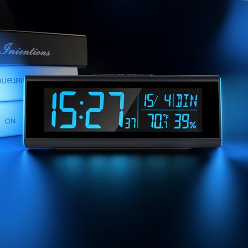 Seutgjie Tischuhr Digital Digitaler Wecker mit RGB Licht Datum DST | Digital Clock mit Temperatur Luftfeuchtigkeit VA-Display 7 Sprachen zwei Weckzeiten Snooze Funktion für Schreibtisch Büro