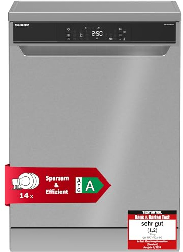 Sharp Geschirrspüler 60 cm freistehend | Spülmaschine | 14 Maßgedecke | 9 Programme | AquaStop | Auto-Door | Inverter Motor | leise 42 dB | Geschirrspüler 60cm | QuickWash | EcoWash | QW-NA3YF42AI-DE