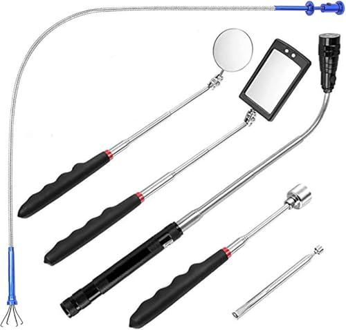 DUOJIN 6tlg Pick Up Tool Magnet Teleskop Werkzeug, 1.5/4/20lb Pick Up Tool Magnet Inspektionsspiegel Quadratische/Runde mit LED und Teleskopgriff 360¡ã drehbar inkl.Kasten und Batterie