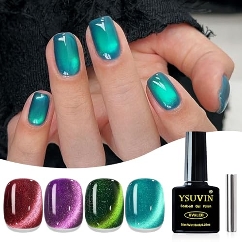 YSUVIN UV Nagellack Cat Eye, 4 Farben Rot Lila Grün Blau 9D 9D Cateye UV Gel Nagellack mit Magnetstift Soak-Off UV Gellack für Anfänger DIY Nail Art Maniküre Salon, 8 ML