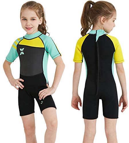NATYFLY Neoprenanzug Kinder 2.5mm Neopren Thermal Badeanzug Jungen Mädchen Kurze Ärmel Tauchanzug Zurück Reißverschluss Einteilige Badebekleidung