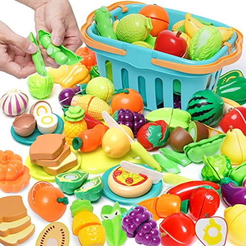 Kinderküche Zubehör Spielzeug 75PCS, Obst und Gemüse zum Schneiden, Spielküche Zubehör Lebensmittel, Lebensmittel Kinderküche für Mädchen Junge ab 3 Jahre